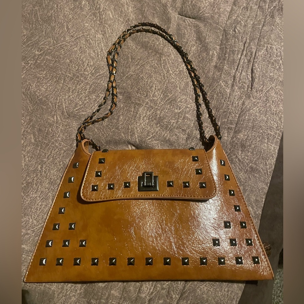 Studded Brown Leather Shoulder Bag